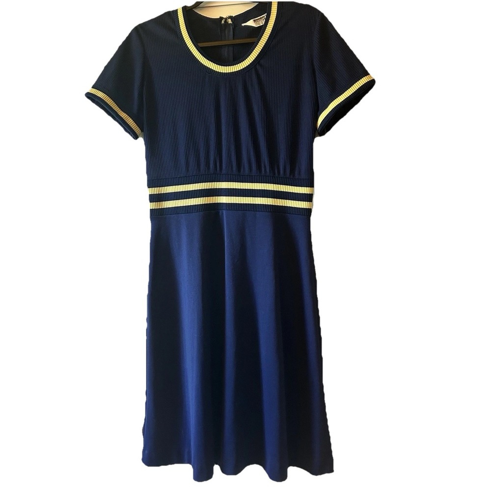 Vintage Montgomery Ward Blue Dress Off White Trim Women polyester 1960 See Photo